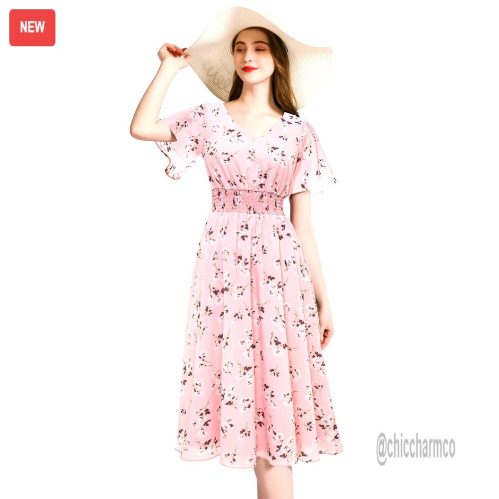 Chiffon Midi Dress With Elastic Waist Floral Print Wedding Guest